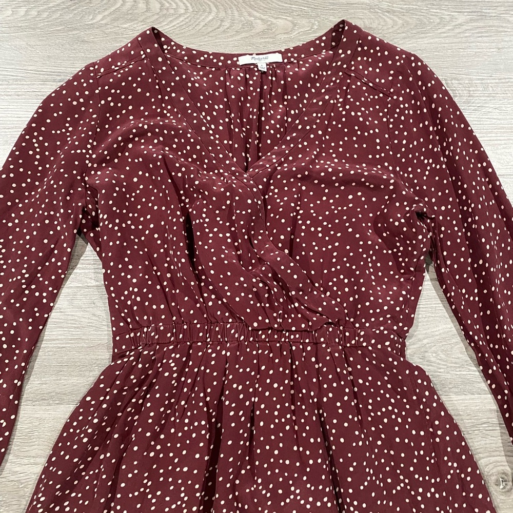 Madewell - women’s Kali 100% silk polka dots faux warp 3/4 sleeve mini dress 6 - Picture 5 of 9